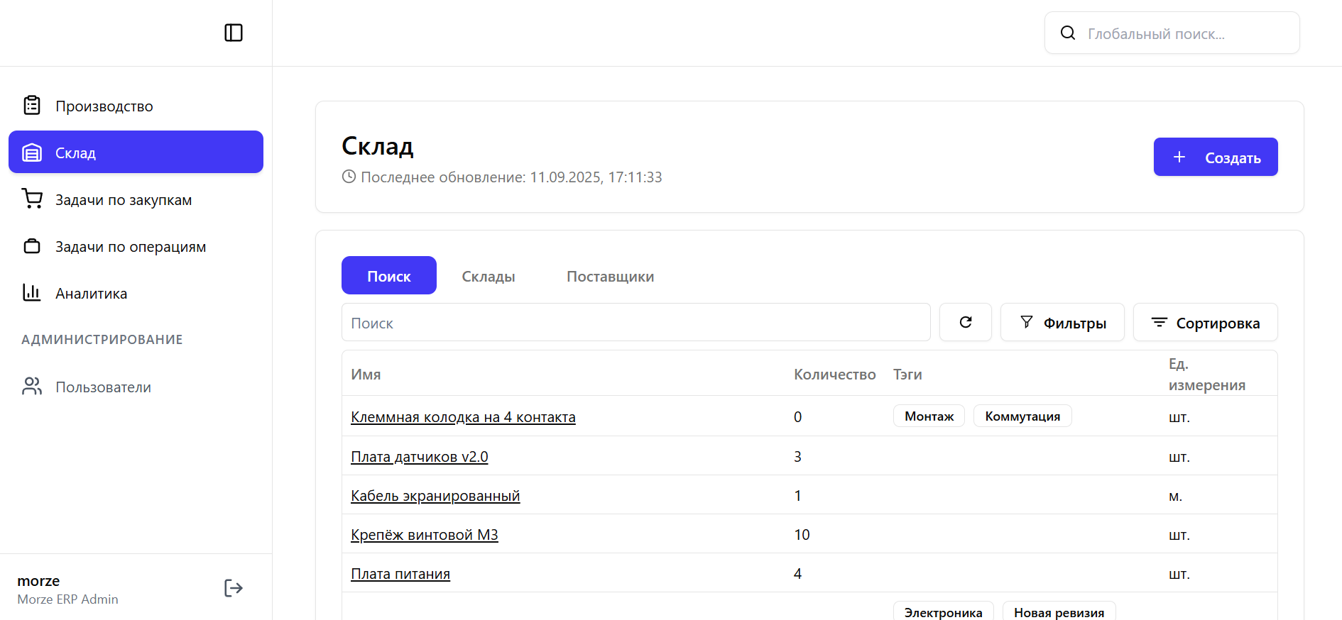WMS — карточка позиции: остатки, резервы, минимумы